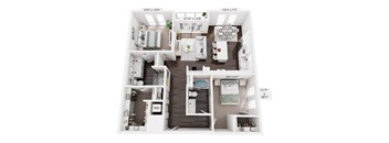 A floor plan of a small apartment with a bedroom, living room, kitchen, and bathroom.