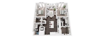 A floor plan of a two-bedroom apartment with a living room, kitchen, and bathroom.