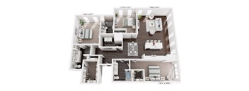 A floor plan of a two-bedroom apartment with dimensions.