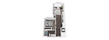 A floor plan of a small apartment with a kitchen, living room, and bathroom.