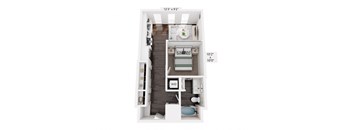 A floor plan of a small apartment with a kitchen, living room, and bathroom.