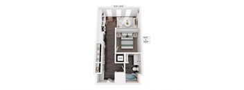 A floor plan of a small apartment with a kitchen, living room, and bathroom.