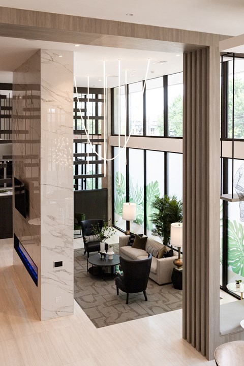 a living room with a couch and a table