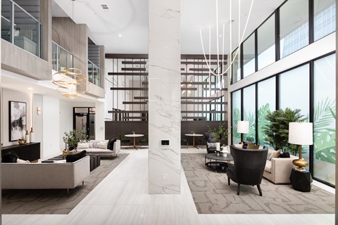 a rendering of a lobby with couches and chairs