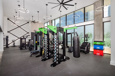 a workout room with weights and a row of windows