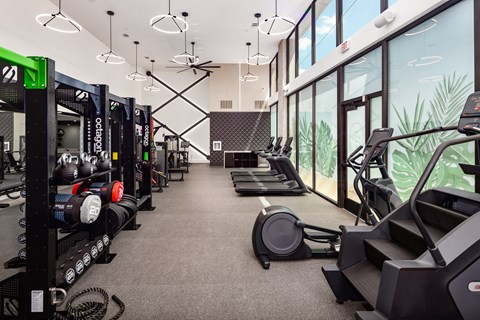 a gym with cardio machines and weights on the floor