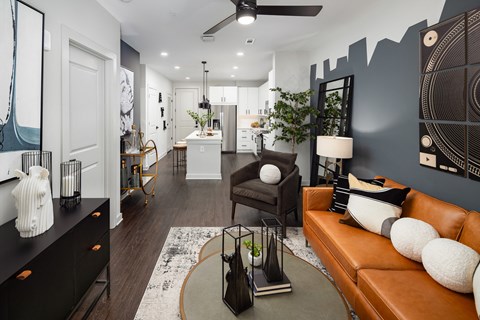 a living room with a couch and a table