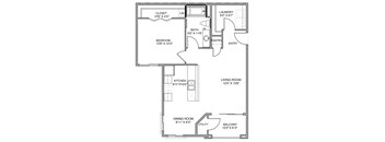 A floor plan of a house with a living room, dining room, kitchen, bedroom, bathroom, laundry, pantry, and closet.