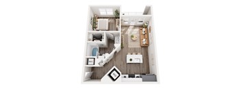 A top down view of a modern apartment with a kitchen, living room, and bathroom.