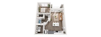 A top-down view of a modern apartment with a kitchen, living room, and bathroom.
