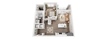 A top-down view of a modern apartment with a kitchen, living room, and bedroom.