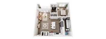 A top-down view of a modern, well-lit, and spacious apartment with a kitchen, living room, and bedroom.