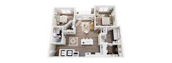 A top-down view of a well-organized apartment layout.