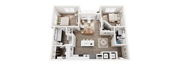 A top-down view of a well-organized apartment with a kitchen, living room, and bedrooms.
