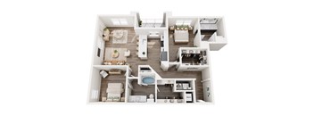 A top-down view of a modern apartment layout with a kitchen, living room, and bathroom.