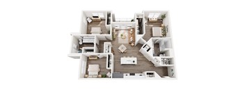 A top-down view of a modern apartment layout with a central open space and surrounding rooms.