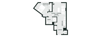 A black and white image of a floor plan for a home with a bedroom, living/dining room, kitchen, and bathroom.