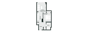 A floor plan of a small apartment with a bedroom, living/dining room, kitchen, bathroom, and entry.