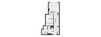 A floor plan of a house with a living room, dining room, kitchen, and bath.
