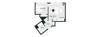 A black and white image of a floor plan for a small apartment.