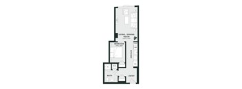 A floor plan of an apartment with a living room, dining room, bedroom, kitchen, bathroom, and entry.