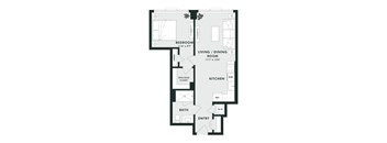 A floor plan of a house with a bedroom, living/dining room, kitchen, bathroom, and entry.