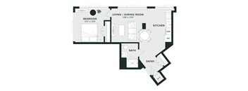 A black and white floor plan of a small apartment.