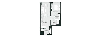 A floor plan of a house with a bedroom, living/dining room, kitchen, bathroom, and spacious closet.