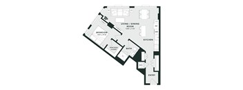 A black and white floor plan of a house with a bedroom, living/dining room, kitchen, bath, and entry.