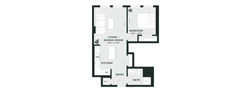 A floor plan of a small apartment with a bedroom, living room, kitchen, bathroom, and entry.