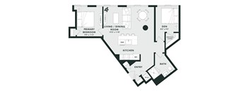A black and white floor plan of a house with a living room, dining room, kitchen, bathroom, and two bedrooms.