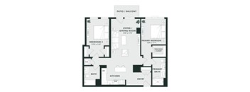 A floor plan of a house with a living room, two bedrooms, a bathroom, a kitchen, and a spacious closet.