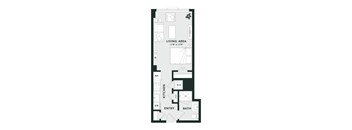 A floor plan of a small apartment with a living area, kitchen, bathroom, and entry.