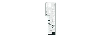 A floor plan of a small apartment with a living area, kitchen, entry and bath.