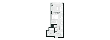 A floor plan of a small apartment with a living area, kitchen, bathroom and entry.