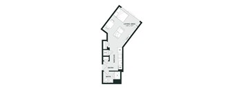 A floor plan of a small apartment with a living area, kitchen, entry, and bath.