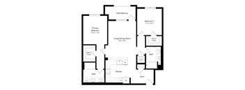 A floor plan of a home with a primary bedroom, a living room, a kitchen, and two bathrooms.
