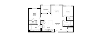A floor plan of a house with a living room, dining room, kitchen, two bedrooms, a bathroom, and a patio/balcony.