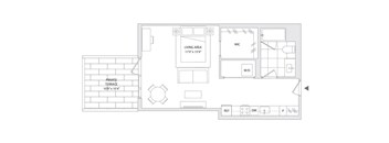 A floor plan of a house with a living area, private terrace, and a workspace.