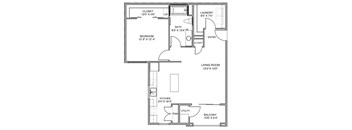 A floor plan of a small apartment with a living room, kitchen, bathroom, and bedroom.