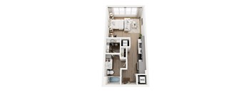 A top-down view of a small apartment with a kitchen, living room, and bathroom.