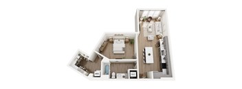 A top-down view of a small apartment with a kitchen, living room, and bathroom.