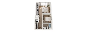 A top down view of a small apartment with a kitchen, living room and bathroom.
