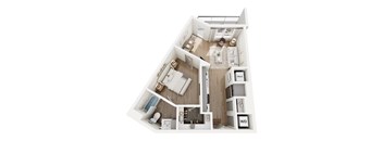 A top down view of a small apartment with a kitchen, living room, and bathroom.