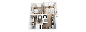 A top-down view of a small apartment with a living room, kitchen, and bathroom.