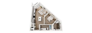 A floor plan of a house with a kitchen, living room, and bathroom.