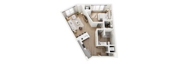 A top-down view of a modern apartment layout with a living room, kitchen, and bedroom.
