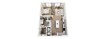A top-down view of a small, neatly organized apartment with a kitchen, living room, and bathroom.