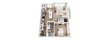 A white interior of a house with a kitchen, living room, and bathroom.
