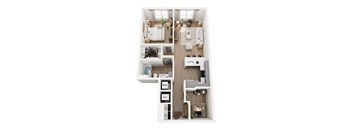 A top down view of a small apartment with a kitchen, living room, and bathroom.